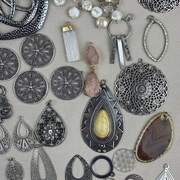 Craft Jewelry Pendants - 75+ Natural Stone Metal Medallion Teardrop Silver Tone - Picture 5 of 12